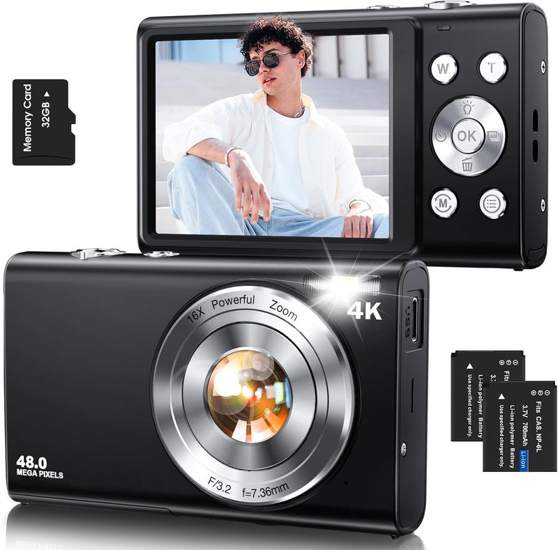 Lecnippy Digital Camera,Autofocus 4K Vlogging Camera for Photography with 32GB Card,48MP Portable Compact Point and Shoot Digital Camera for Teens Adult Beginner with 16X Zoom,Anti-Shake,2 Batteries(Black) - Image 1